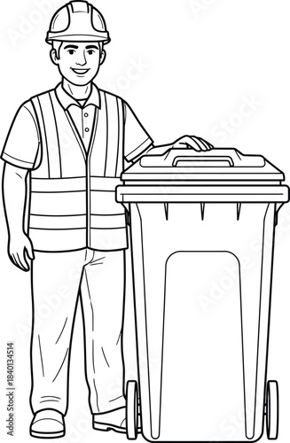Line art illustration of a smiling sanitation worker in a hard hat and safety vest standing with a wheelie bin.