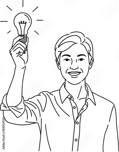 Line art illustration of a smiling young person holding a glowing lightbulb symbolizing a creative idea.
