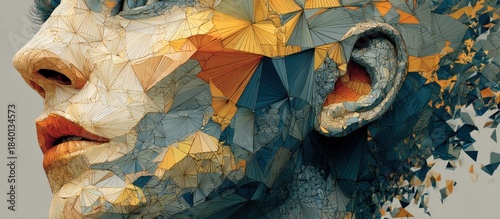 A fragmented face profile is formed with geometric shapes and color