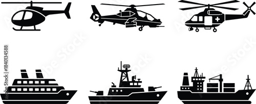 Helicopter silhouette, ship silhouette, military transport, civilian aircraft, rescue helicopter, cargo ship, warship, cruise liner, maritime aviation, black icons
