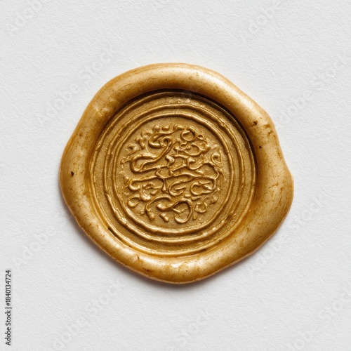 Close-up view of a gold wax seal with intricate raised circular design on white background