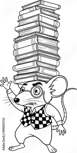 Scholarly cartoon mouse with a monocle struggling to balance a tall stack of books.