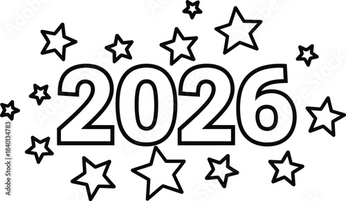 Simple black outline illustration of the year 2026 with a burst of various sized stars.