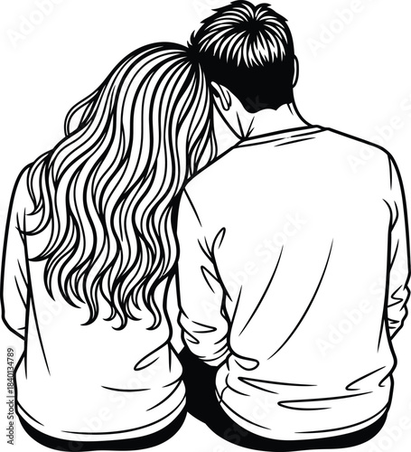 Simple black and white line art of a couple from behind the woman with wavy hair resting her head on the mans shoulder.