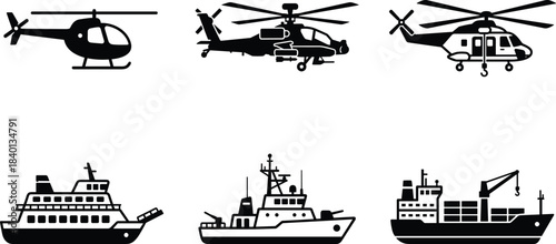 Helicopter silhouettes, ship silhouettes, military aircraft, cargo ship, transport helicopter, cruise vessel, naval ship, maritime transport, aviation icons, vector set