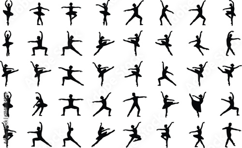 Vector silhouettes collection of various ballet dancers performing classical poses and movements, including both female and male figures isolated on white.