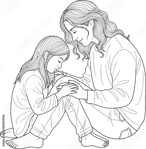 Tender line art of a loving mother with wavy hair comforting her young daughter in a quiet prayerful pose.