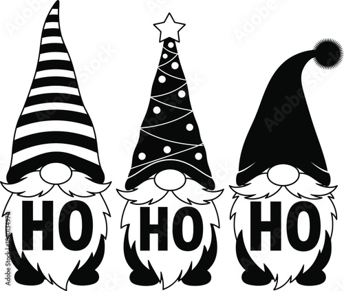Three black and white Christmas gnomes with patterned hats and HO HO HO text on their beards.