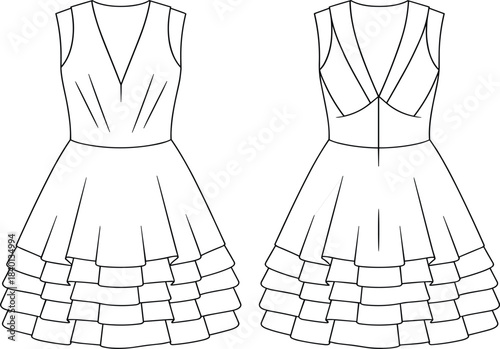 Technical flat V-neck ruffle dress vector template, sleeveless party fashion sketch, tiered flared skirt apparel mockup illustration, feminine garment design