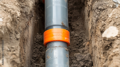 Wallpaper Mural Pipes being laid in a trench, secured by an orange fitting, ready for connection. Utility repair, construction, underground infrastructure, or plumbing work. Soil and trench visible. Torontodigital.ca