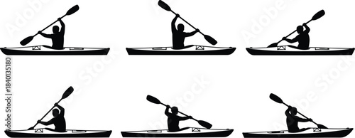 Kayaking paddle stroke sequence silhouette, canoe sprint motion, water sports technique illustration, kayak athlete training concept isolated on whiteKayaking paddle stroke sequence silhouette 