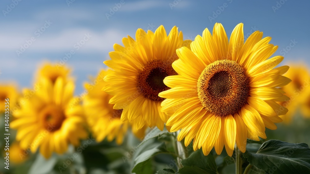 Fototapeta premium Bright Sunflowers in Bloom Against a Clear Blue Sky, Capturing the Beauty of Nature and the Joy of Summer in a Vibrant Field of Yellow Flowers