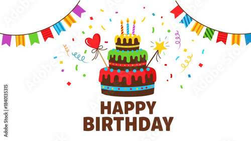 Colorful Birthday Cake Clipart with Candles and Confetti – Party Celebration Graphic