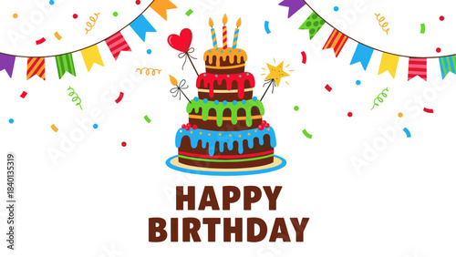 Colorful Birthday Cake Clipart with Candles and Confetti – Party Celebration Graphic