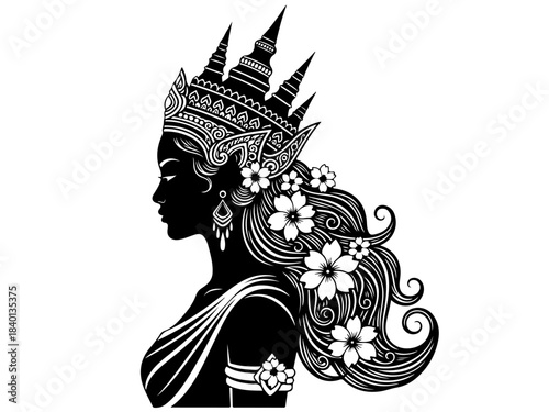 Silhouette of a beautiful woman with an elaborate crown and flowers in her hair, in profile.