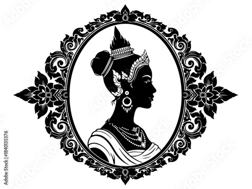 Silhouette of a traditional Cambodian woman in ornate oval frame with floral motifs.