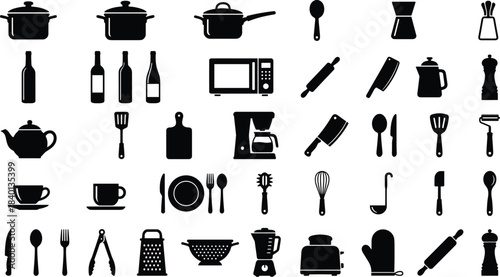 Kitchen utensils, cooking tools, black icons, culinary equipment, food preparation, kitchenware, appliances, cookware, dining items, silhouette style, vector set