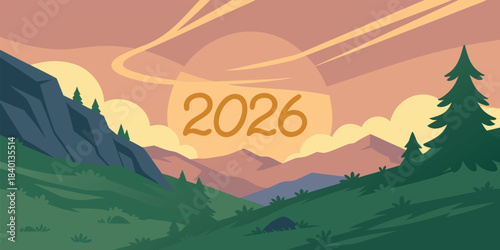 Serene pixel art mountain landscape with 2026 on the horizon at dawn