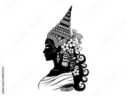 Silhouette of a Cambodian woman adorned with a traditional headdress and flowers, presented in a profile view.