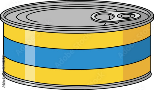 Cartoon illustration of a metal food can with yellow and blue label and pull tab canned