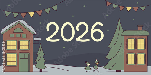 Cozy winter night scene celebrating the upcoming New Year 2026