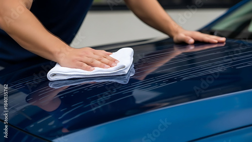 Hands cleaning a glossy dark blue car hood with a white microfiber cloth