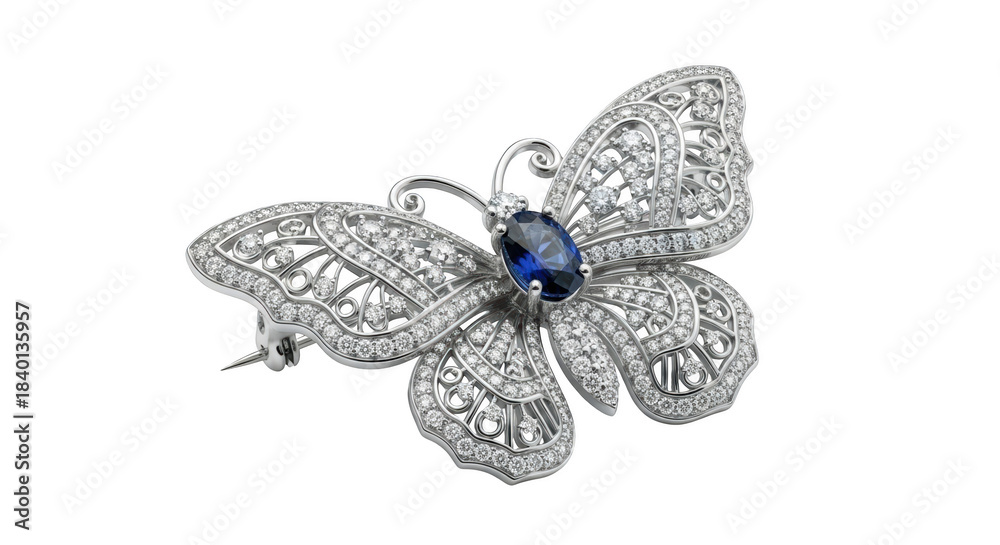 Fototapeta premium Diamond and Sapphire Butterfly Brooch Jewelry White Gold image
