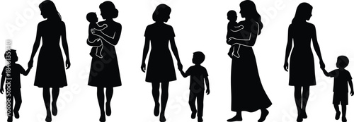 Mother, child, silhouette, bonding, nurturing, parenting, love, care, affection, walking, holding hands, baby, toddler, motherhood, family, maternal, connection, support, embrace, togetherness