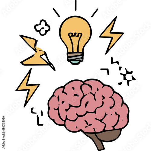 Pink Brain With Yellow Lightbulb And Lightning Bolts Illustration Representing Ideas And Innovation On A Black Background