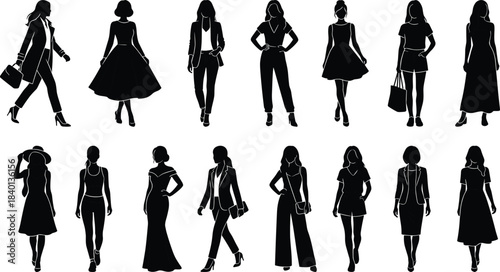 Large vector collection of stylish modern female fashion model silhouettes featuring various contemporary clothing and elegant poses isolated on white.
