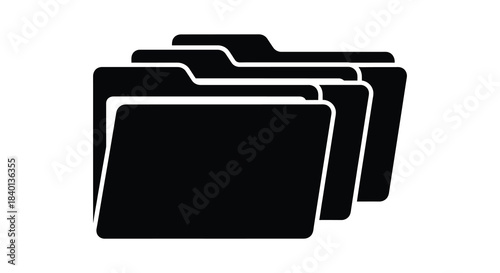 A stack of open file folders depicted in a bold black and white silhouette
