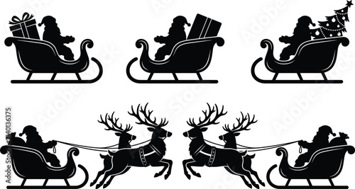Santa silhouette, sleigh ride, Christmas reindeer, festive icon, holiday vector, gift delivery, winter celebration, seasonal graphic, Xmas decoration, black illustration