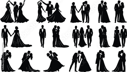Romantic couple silhouette, wedding dance pose, elegant formal attire, love embrace moment, black tuxedo gown, romantic illustration, vector art