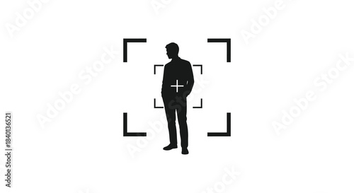 A person standing framed by surrounding camera viewfinders a striking visual silhouette