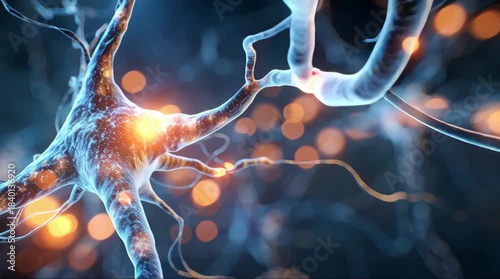 Close-up abstract illustration of a neuron with glowing synapses and neural network activity, representing brain function and communication.