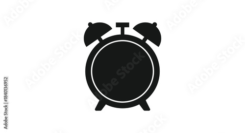 A simple black silhouette of a classic twin bell alarm clock against a white background silhouette