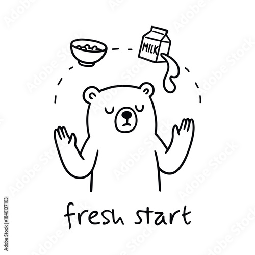 Bear enjoying a mindful breakfast moment with milk and cereal arc, vector illustration