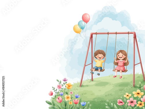 Watercolor Children on Swing Illustration – Whimsical Outdoor Kids Art