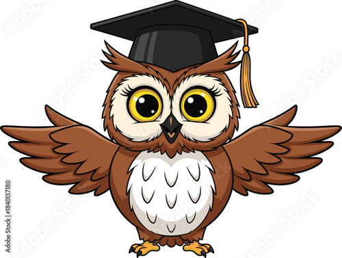Cute cartoon owl wearing a graduation cap with outstretched wings bird