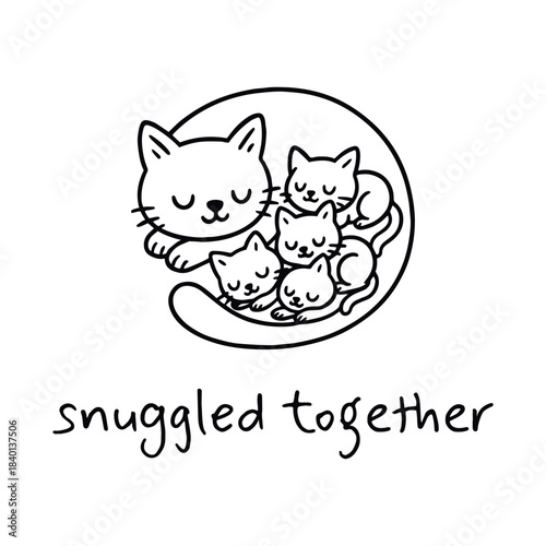 Cat family curled in a circle of quiet love and snuggled dreams, vector illustration