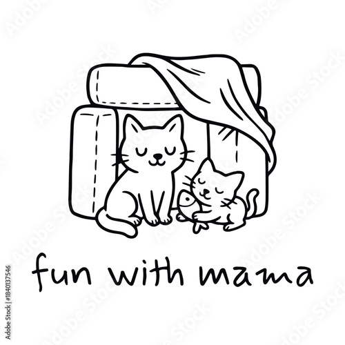 Kitten plays with yarn beside mama in a cozy blanket fort of love and laughter, vector illustration