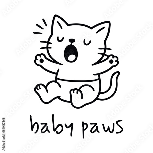 Tiny kitten with raised paws and open mouth in a burst of baby fluff and sleepy drama, vector illustration