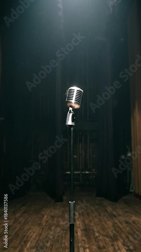 Solitary microphone under a spotlight on stage, creating an atmosphere of anticipation