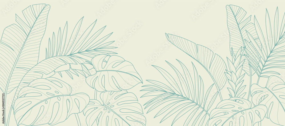 Fototapeta premium Tropical leaves background vector. Natural jungle monstera palm leaves design in minimal pale green color with contour line art. Design for fabric, print, cover, banner, decoration, wallpaper.