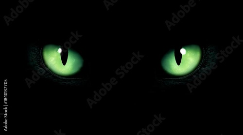 Close-up of intense glowing green feline eyes in the dark, creating a mysterious and watchful atmosphere.