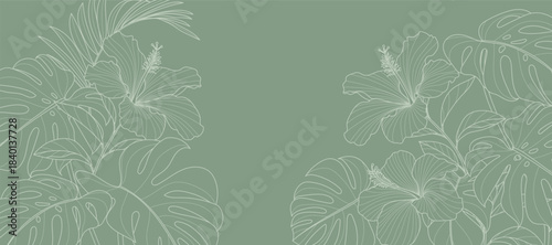 Tropical leaves background vector. Natural jungle monstera palm leaves design in minimal pale green color with contour line art. Design for fabric, print, cover, banner, decoration, wallpaper.