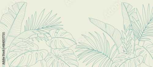 Tropical leaves background vector. Natural jungle monstera palm leaves design in minimal pale green color with contour line art. Design for fabric, print, cover, banner, decoration, wallpaper.