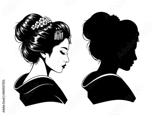 Elegant Japanese Woman's Profile in Traditional Kimono with Elaborate Hairstyle.