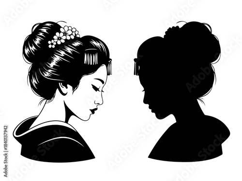 A black and white illustration of two Japanese women's profiles, one detailed and the other a silhouette.