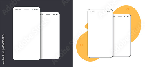 Smartphone mobile cell phone app presentation screen frame modern mockup template design thin line illustration set, smart cellphone with status bar blank empty layout for ui interface kit preview
